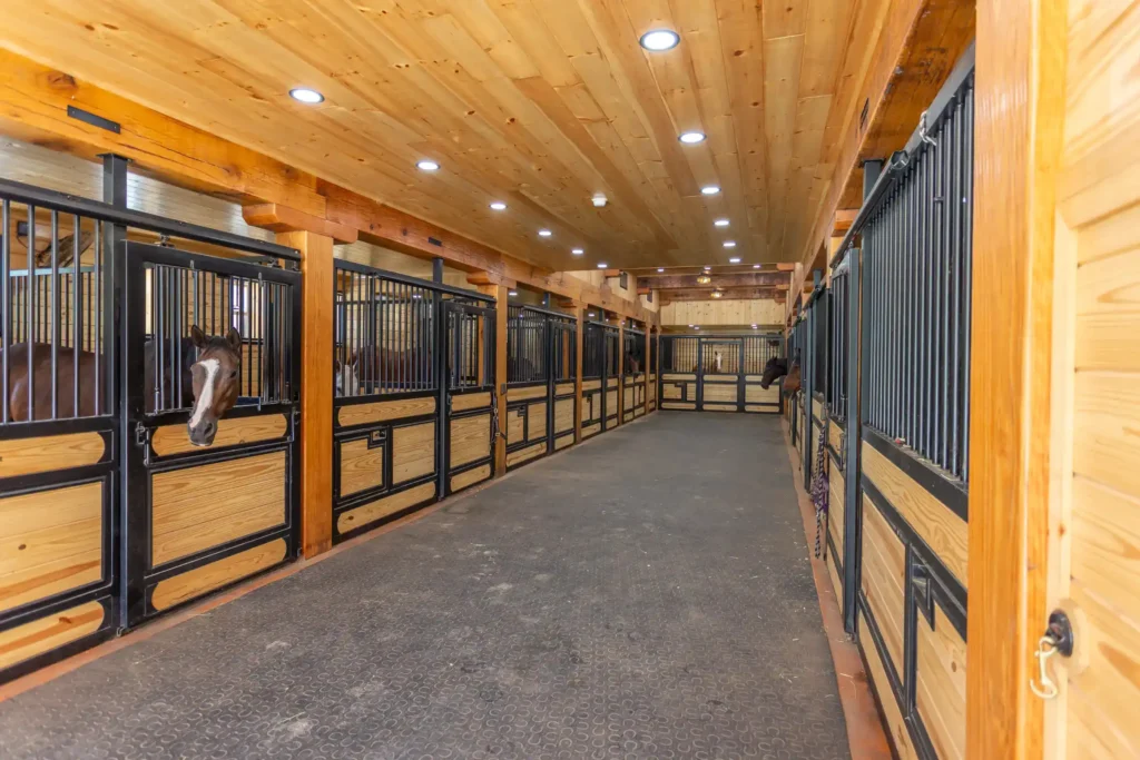 Interior view down the center aisle of a custom horse barn, with stall fronts on both sides